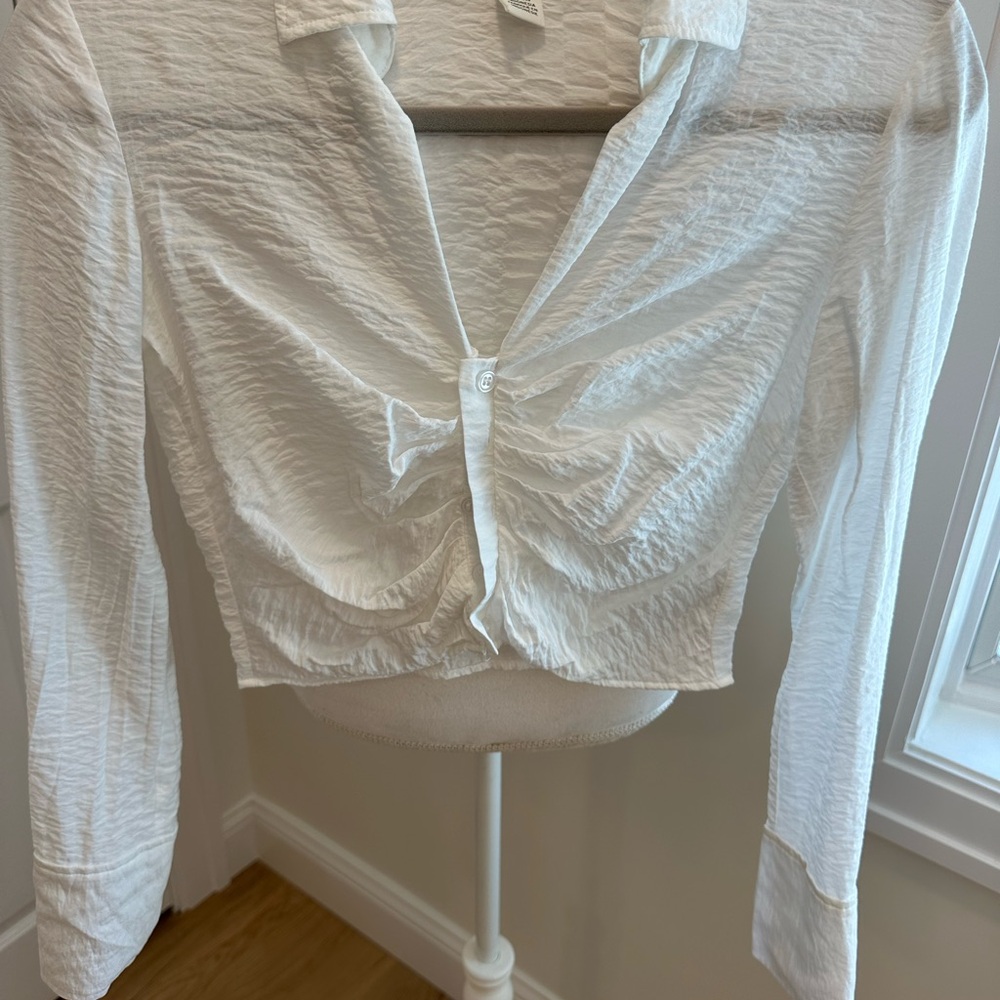 H&M White Textured Ruched Blouse - Long Sleeve Button-Up Top - Size XS
